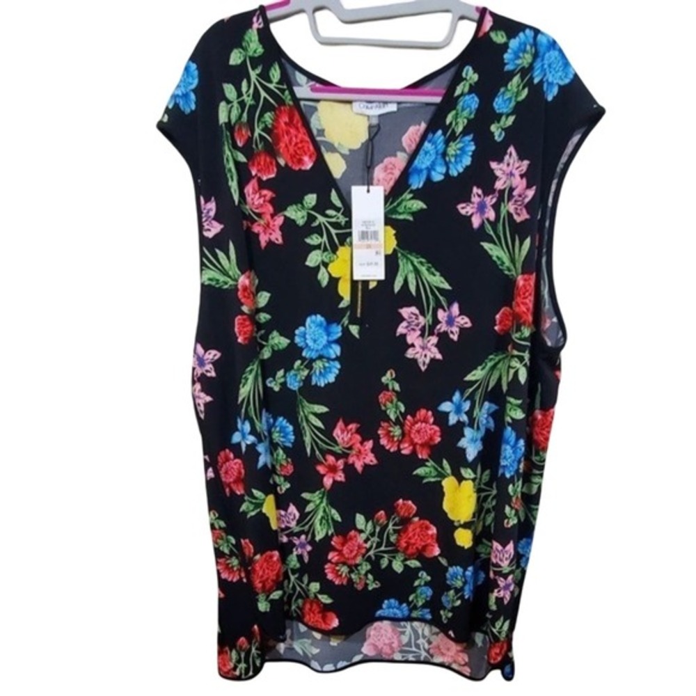 Calvin Klein Womens Floral V-Neck Sleeveless Blouse Black Multi 2X W9EH6069